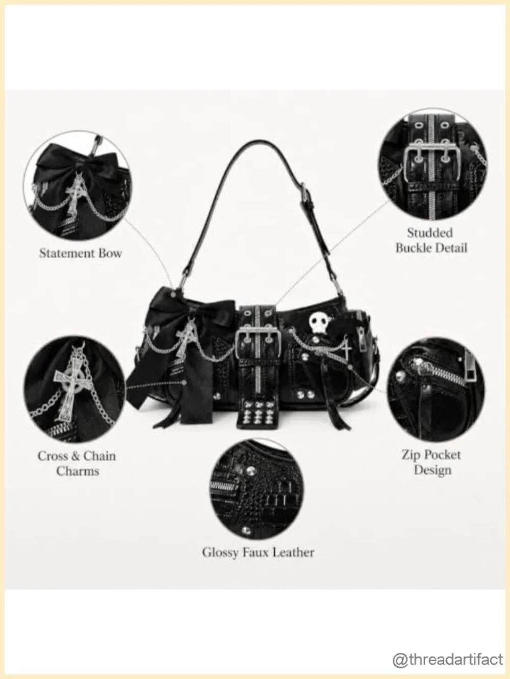 Faux Leather Shoulder Bag with Skull and Cross Charms, Studded Gothic Crossbody